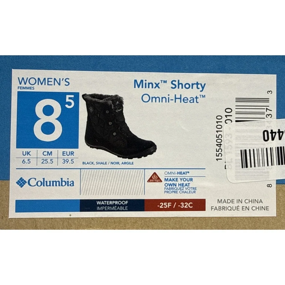 Columbia Minx Shorty Black Waterproof Omni-Heat Winter Boots Women's 8.5